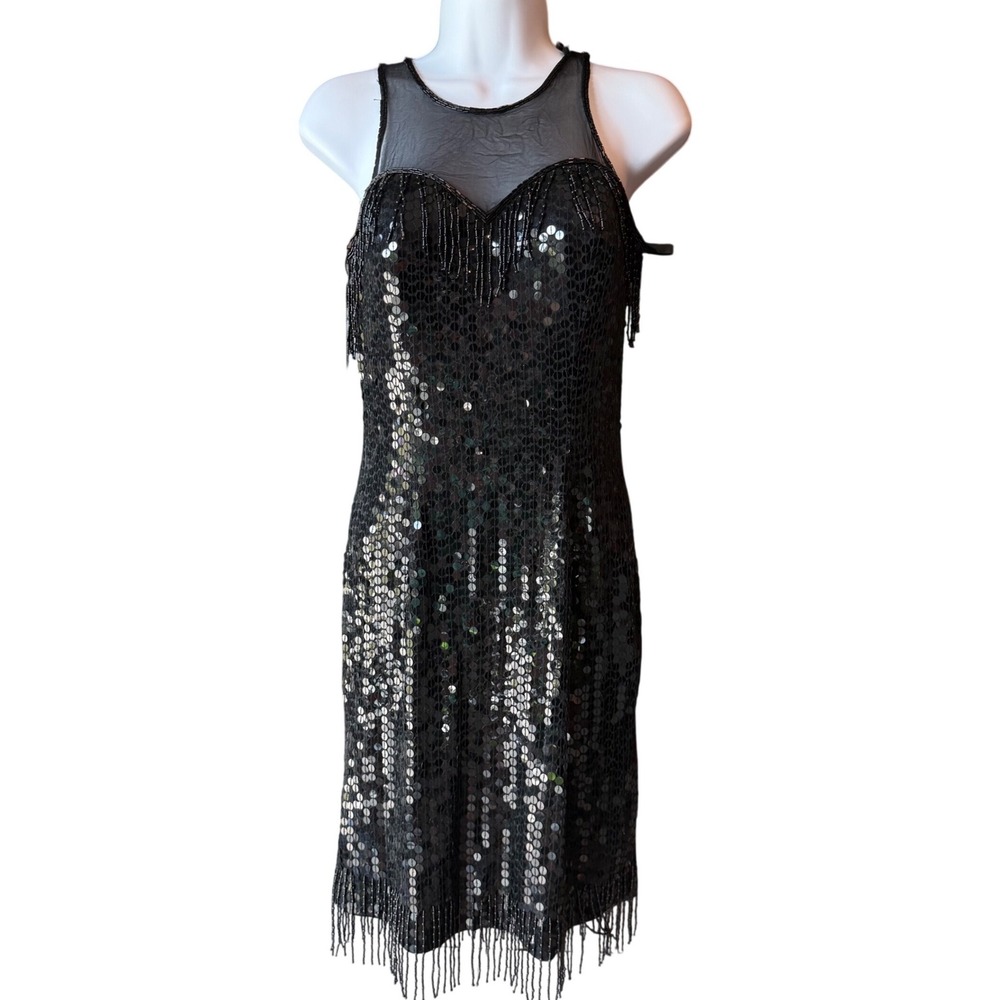 Showtime Black Sequin Fringe Midi Dress Sheer Y2K Style Party Size 4